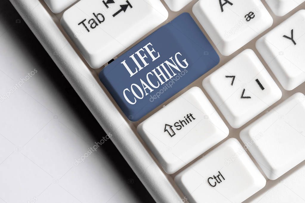 Text sign showing Life Coaching. Conceptual photo Improve Lives by Challenges Encourages us in our Careers White pc keyboard with empty note paper above white background key copy space.