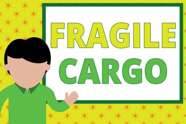 El yazısı metin yazma Fragile Cargo. Konsept anlamı Bakım Bubble Wrap Cam Tehlikeli Maddeler ile Kırılabilir Kolu Proje işaret önde beyaz tahta ayakta genç adam. fotoğraf Sanat.