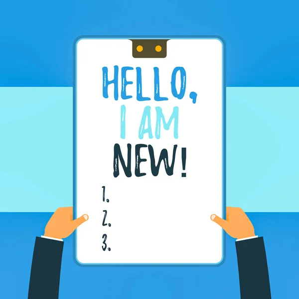 Handwriting text writing Hello I Am New. Concept meaning introducing oneself in a group as fresh worker or student Two executive male hands holding electronic device geometrical background.