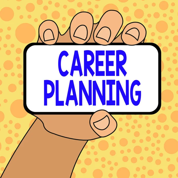 Writing note showing Career Planning. Business photo showcasing Strategically plan your career goals and work success Closeup of Smartphone in Hand with Blank Screen and Text Space. — Stock Photo, Image