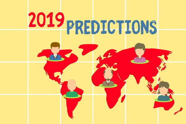 Texto de redação de palavras 2019 Previsões. Conceito de negócio para declaração sobre o que você acha que vai acontecer em 2019 Conexão multiétnica pessoas em todo o mundo. Mapa global de negócios terra . — Fotografia de Stock