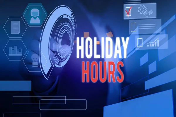 Word pisanie tekstu Holiday Hours. Koncepcja biznesowa dla pracownika otrzymuje dwa razy ich normalne wynagrodzenie za wszystkie godziny mężczyzna męski nosić formalne kombinezon roboczy prezentujący prezentację za pomocą inteligentnego urządzenia. — Zdjęcie stockowe