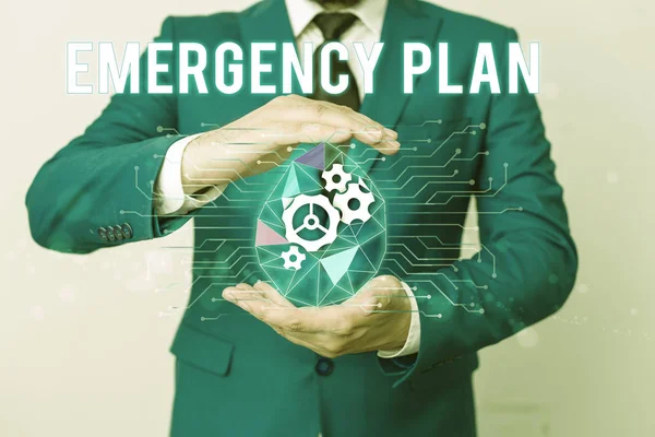 Handwriting text writing Emergency Plan. Concept meaning procedures for handling sudden or unexpected situations Man net gears bubble hands suit machinery stuff office technological device. — Stock Photo, Image