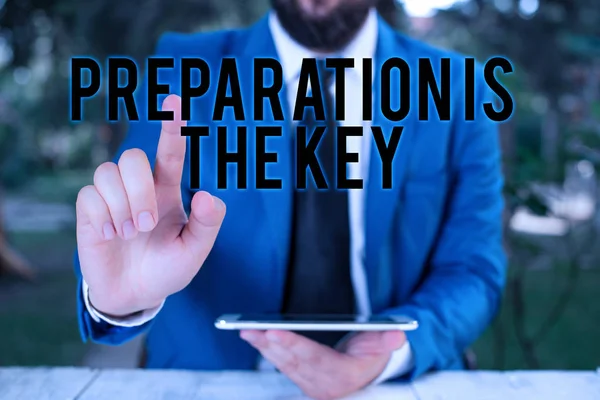 Word writing text Preparation Is The Key. Business concept for it reduces errors and shortens the activities Businessman with pointing finger in front of him.