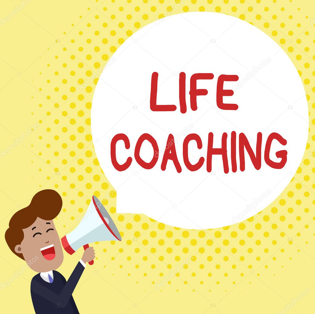 Handwriting text Life Coaching. Concept meaning Improve Lives by Challenges Encourages us in our Careers Young Man Shouting into Megaphone Floating Round Shape Empty Speech Bubble.