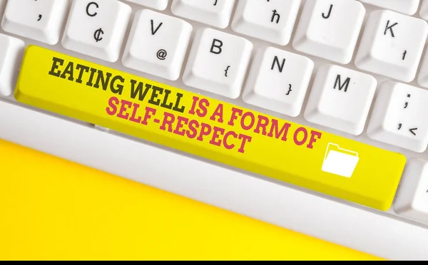 Text sign showing Eating Well Is A Form Of Self Respect. Conceptual photo a quote of promoting healthy lifestyle White pc keyboard with empty note paper above white background key copy space.