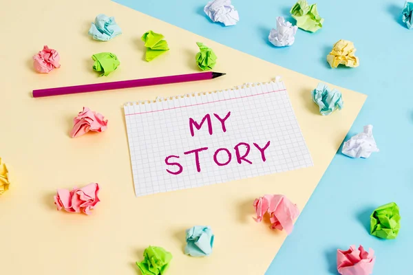 Text sign showing My Story. Conceptual photo the things or situations that have happened to someone in life Colored crumpled papers empty reminder blue yellow background clothespin. — Stock Photo, Image