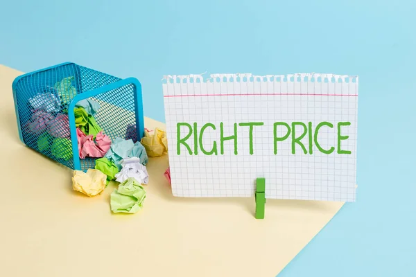 Text sign showing Right Price. Conceptual photo the amount of money that it is reasonable for the product Trash bin crumpled paper clothespin empty reminder office supplies tipped.