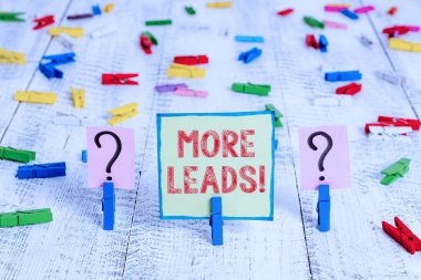 El yazısı metin Daha Fazla Müşteri Adayı. Konsept anlamı, tüketici ilgisinin başlatılması veya ahşap masaya yerleştirilen ataşlarla parçalanan ve parçalanan bir sayfanın ürüne aktarılması veya araştırılması.