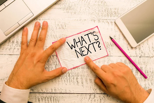 Conceptuele hand schrijven toont wat S volgende vraag. Zakelijke foto met de vraag om te demonstreren over zijn komende acties of gedragingen. — Stockfoto