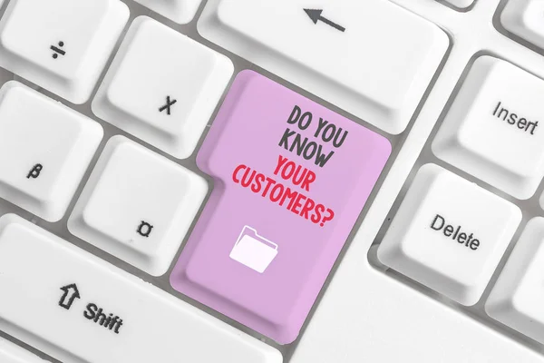 Handwriting text Do You Know Your Customers question. Concept meaning asking to identify a customer s is nature White pc keyboard with empty note paper above white background key copy space.