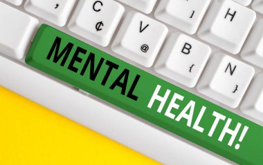 Kelime yazma metni Ruh Sağlığı. Beyaz arka plan tuşu kopyalama alanı üzerinde boş not kağıdı ile beyaz pc klavye olma psikolojik iyi ile ilgili durum gösterenler için İş kavramı.