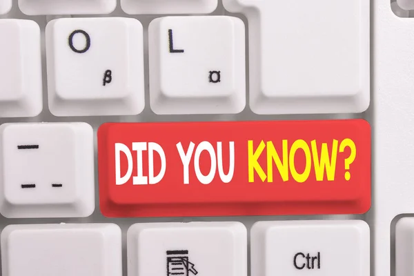 Writing note showing Did You Know Question. Business photo showcasing when you are asking someone if they know fact or event White pc keyboard with note paper above the white background.