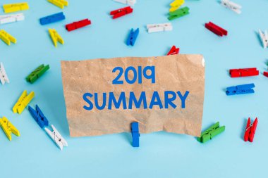 2019 Özetini gösteren metin işareti. Kavramsal fotoğraf kısa kapsamlı özellikle 2019 Renkli clothespin kağıtları boş hatırlatma mavi zemin arka plan ofis pin ana noktaları kapsayan.