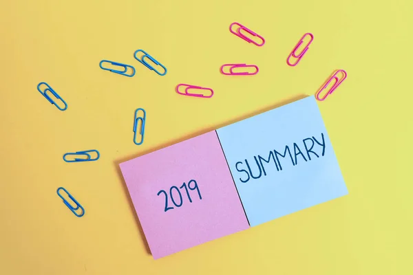 Writing note showing 2019 Summary. Business photo showcasing brief comprehensive especially covering the main points of 2019 Colored square blank sticky notepads sheets clips color background.