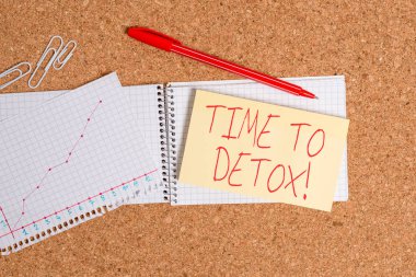Kelime yazma metin Zaman Detoks için. Eğer toksinlervücudunuzu arındırmak veya ilaç Masa defter kağıt kağıt ofis karton karton karton çalışma malzemeleri tablo grafik tüketen durdurmak için iş konsepti.