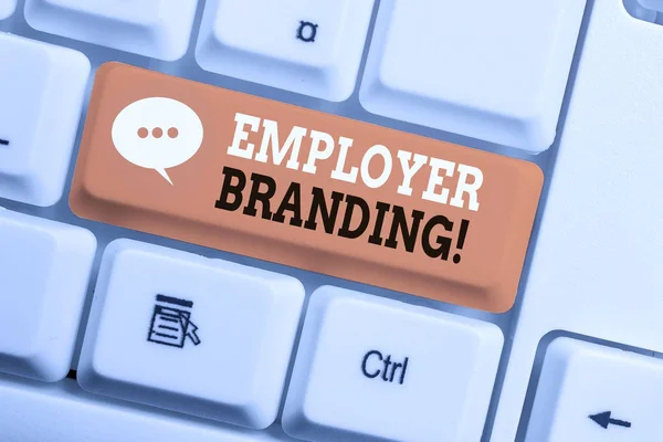 Text sign showing Employer Branding. Conceptual photo promoting company employer choice to desired target group White pc keyboard with empty note paper above white background key copy space.