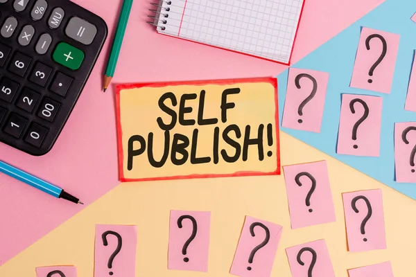 Text sign showing Self Publish. Conceptual photo writer publish piece of ones work independently at own expense Mathematics stuff and writing equipment above pastel colours background. — Stock Photo, Image