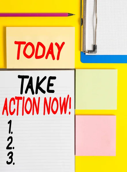 Conceptual hand writing showing Take Action Now. Business photo showcasing do something official or concerted achieve aim with problem Empty papers with copy space on yellow background table. — Stock Photo, Image