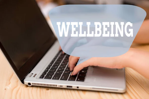 Conceptual hand writing showing Wellbeing. Business photo showcasing A good or satisfactory condition of existence including health woman with laptop smartphone and office supplies technology. — Stock Photo, Image