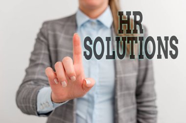 Kelime yazma metni İnsan Kaynakları Çözümleri. Outsourced Huanalysis kaynak danışmanlığı ve destek Uzmanları Dijital iş konsepti iş kadını ile iş konsepti.