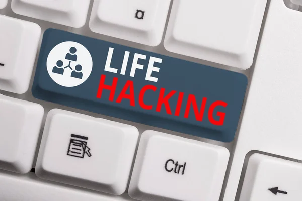 Text sign showing Life Hacking. Conceptual photo Simple and clever techniques in accomplishing task easily White pc keyboard with empty note paper above white background key copy space.