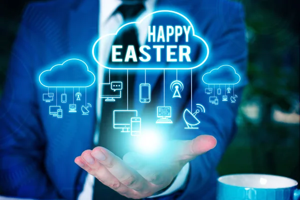 Writing note showing Happy Easter. Business photo showcasing Christian feast commemorating the resurrection of Jesus Male wear formal work suit presenting presentation smart device.