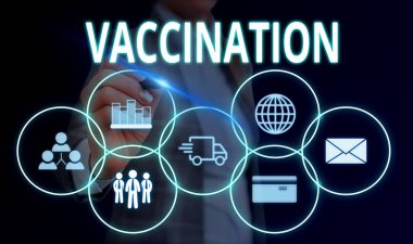 El yazısı metin Aşılama. Kavram anlamı Enfeksiyona karşı vücudu daha güçlü kılan tedavi Kadın akıllı cihaz kullanarak sunum sunan resmi iş elbisesi giymek.