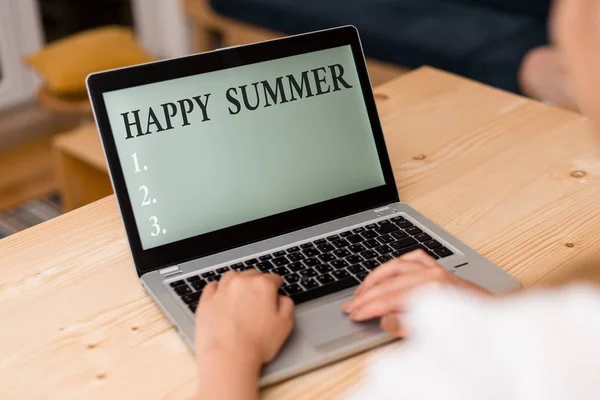 Word writing text Happy Summer. Business concept for Beaches Sunshine Relaxation Warm Sunny Season Solstice woman laptop computer smartphone mug office supplies technological devices. — Zdjęcie stockowe