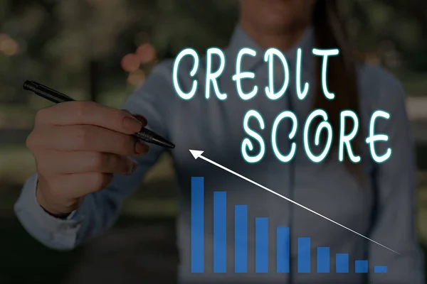 Conceptual hand writing showing Credit Score. Business photo text Represent the creditworthiness of an individual Lenders rating Woman wear work suit presenting presentation smart device. — Stock Photo, Image