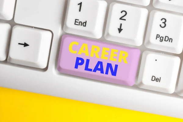 Handwriting text Career Plan. Concept meaning ongoing process where you Explore your interests and abilities White pc keyboard with empty note paper above white background key copy space.