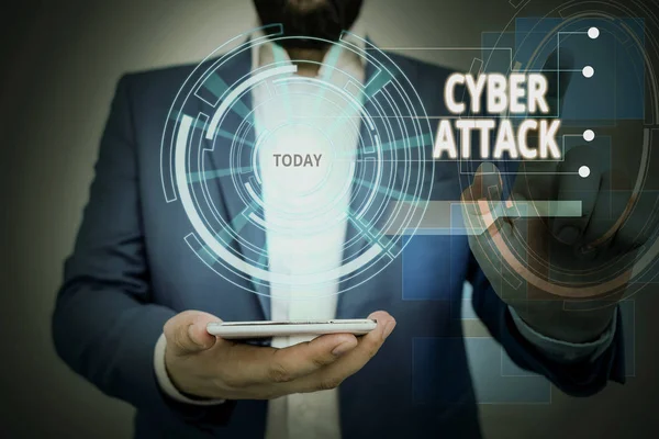 Conceptual hand writing showing Cyber Attack. Business photo showcasing An attempt by hackers to Damage Destroy a Computer System Male wear formal suit presenting presentation smart device. — 스톡 사진