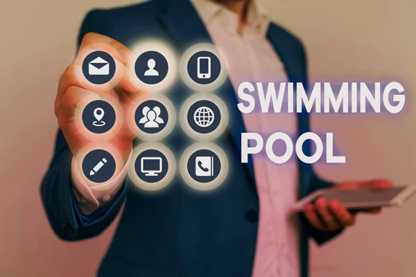 Konzeptionelle Handschrift, die Swimming Pool zeigt. Business Fototext Struktur, die Wasser für Freizeitaktivitäten halten soll. — Stockfoto