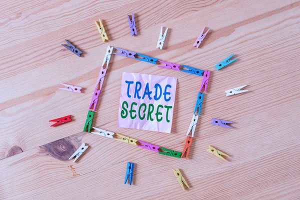 Text sign showing Trade Secret. Conceptual photo Confidential information about a product Intellectual property Colored clothespin papers empty reminder wooden floor background office.