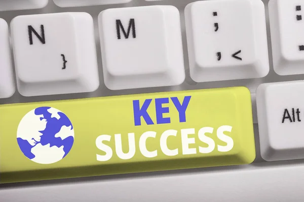 Word writing text Key Success. Business concept for generally three to five areas that company may focus on White pc keyboard with empty note paper above white background key copy space.