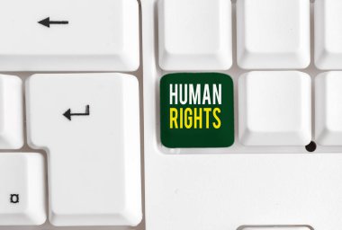 Huanalysis Haklarını gösteren kavramsal el yazısı. Beyaz arka plan üzerinde not kağıdı ile Law White pc klavye tarafından korunan bir gösteren Ahlaki İlkeler Standartları Normları vitrine İş fotoğraf