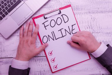 Food Online'da el yazısı metin yazısı. Kavram telefon uygulaması veya web sitesi kullanarak yemek için bir şey isteyen anlamı.