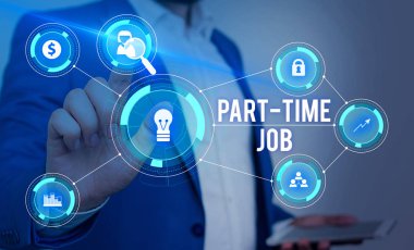 Kelime yazma metni Part Time Job. Weekender Freelance Casual Ojt Neophyte Stint Mevsimlik Erkek insan giyim resmi iş elbisesi için iş konsepti akıllı cihaz kullanarak sunum sunan.