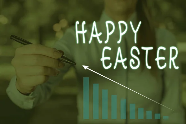 Conceptual hand writing showing Happy Easter. Business photo text Christian feast commemorating the resurrection of Jesus Woman wear work suit presenting presentation smart device.