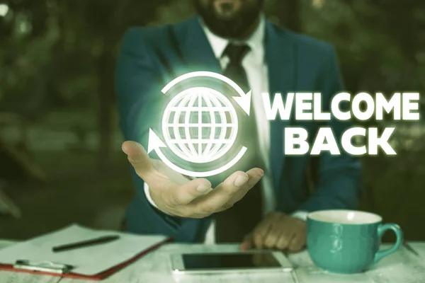 Conceptual hand writing showing Welcome Back. Business photo text Warm Greetings Arrived Repeat Gladly Accepted Pleased. — Stock Photo, Image