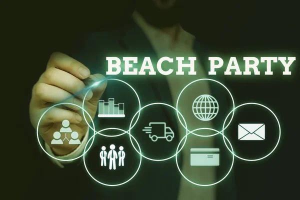 Handwriting text writing Beach Party. Concept meaning small or big festival held on sea shores usually wearing bikini Male human wear formal work suit presenting presentation using smart device. — Stock Photo, Image