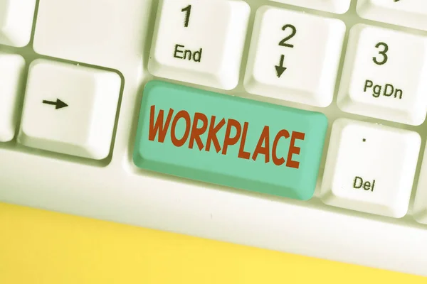 Word writing text Workplace. Business concept for Area where you can find busy showing doing their job orders White pc keyboard with empty note paper above white background key copy space. — Stock Photo, Image