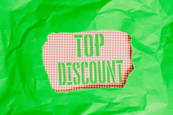 Text sign showing Top Discount. Conceptual photo Best Price Guaranteed Hot Items Crazy Sale Promotions Green crumpled ripped colored paper sheet centre torn colorful background. — Stock Photo, Image