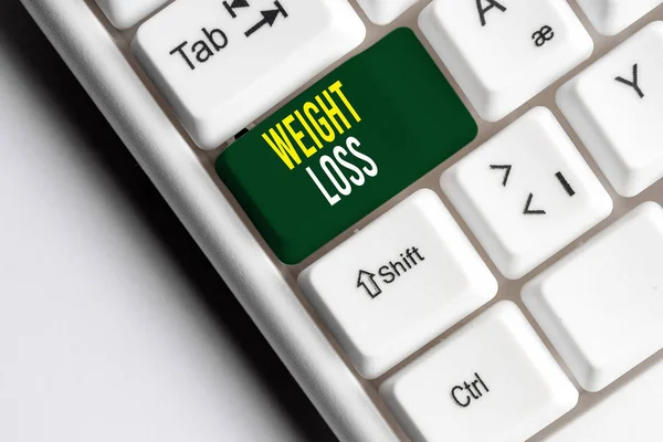 Handwriting text writing Weight Loss. Concept meaning Decrease in Body Fluid Muscle Mass Reduce Fat Dispose Tissue White pc keyboard with empty note paper above white background key copy space. — Stock Photo, Image