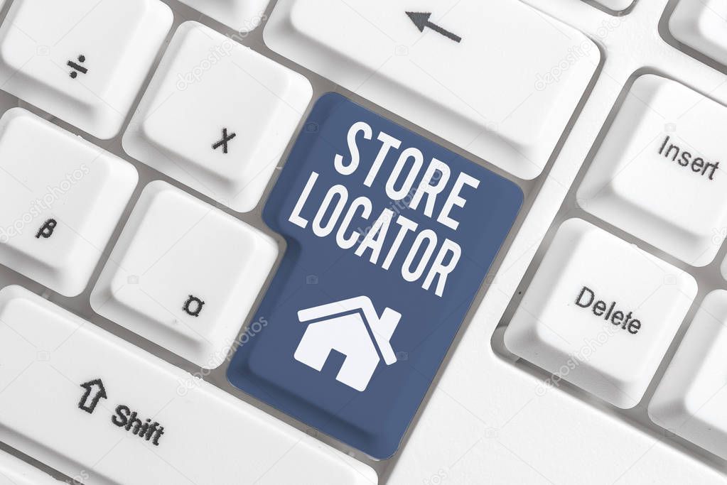 Conceptual hand writing showing Store Locator. Business photo showcasing to know the address contact number and operating hours White pc keyboard with note paper above the white background.