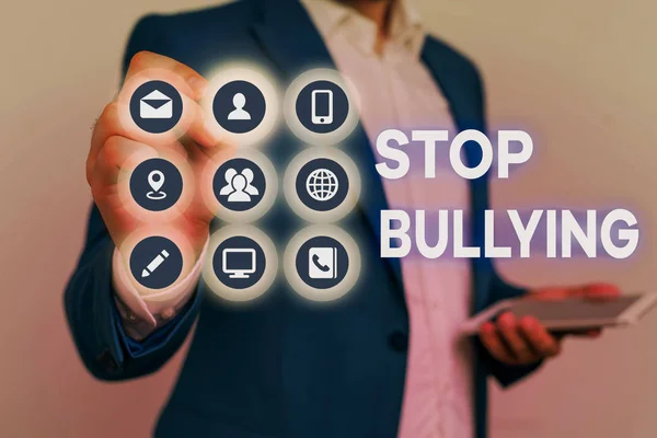 Koncepcionális kézírás a Stop Bullying-ról. Üzleti fotó szöveg Küzdelem és felszámolása agresszív elfogadhatatlan viselkedés. — Stock Fotó