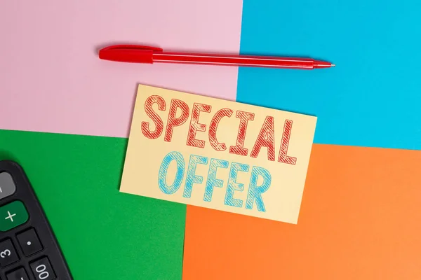 Writing note showing Special Offer. Business photo showcasing Discounted price Markdown Promotional Items Crazy Sale Office appliance square desk study supplies paper sticker.