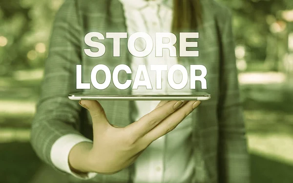 Word writing text Store Locator. Business concept for to know the address contact number and operating hours Outdoor scene with business woman holds lap top with touch screen. — Stock Photo, Image