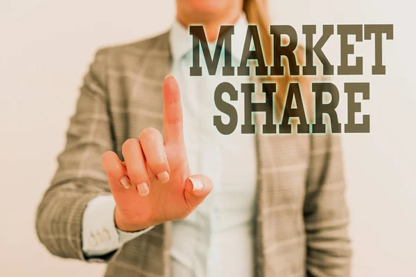 Word writing text Market Share. Business concept for The portion of a market controlled by a particular company Digital business concept with business woman.