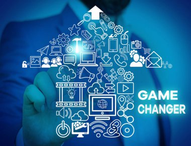Kelime yazma metin Oyun Değiştirici. Spor Veri Scorekeeper Gamestreams Canlı Skorlar Takım Yöneticileri Erkek insan giyim resmi iş elbisesi sunum sunum akıllı cihaz kullanarak iş konsepti.